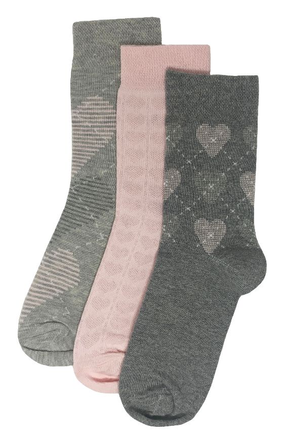 Flexitop Socks 3 Pack Bamboo Socks - Grey Pink and Light Grey Hearts - Image 2
