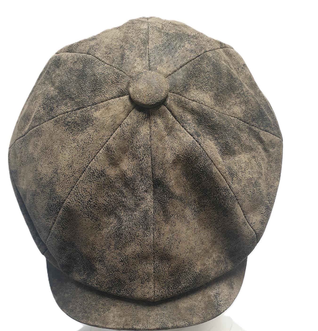 Genuine Eureka Stockade Men's 8-Piece Distressed Leather Newsboy Cap - Olive