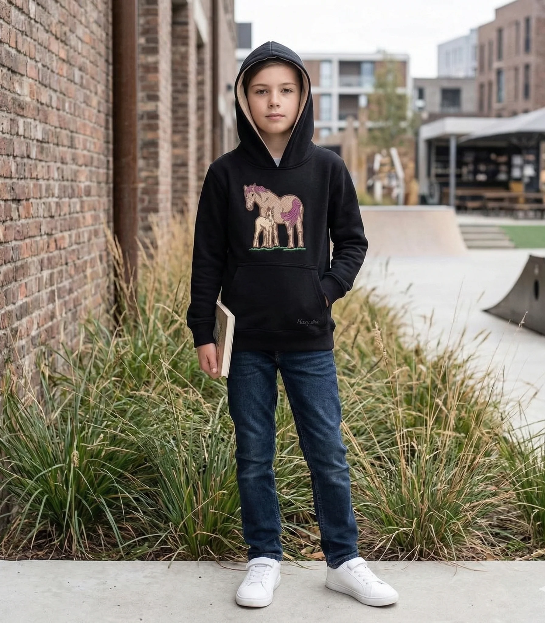 Hazy Blue Arabia Kids' Horse Hoodie - Mother & Foal Design - Image 4