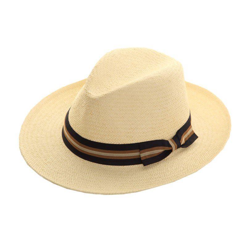 Hazy Blue Mens Straw Fedora II Hat Panama Style With Wide Stripe Band and Bow - Image 3