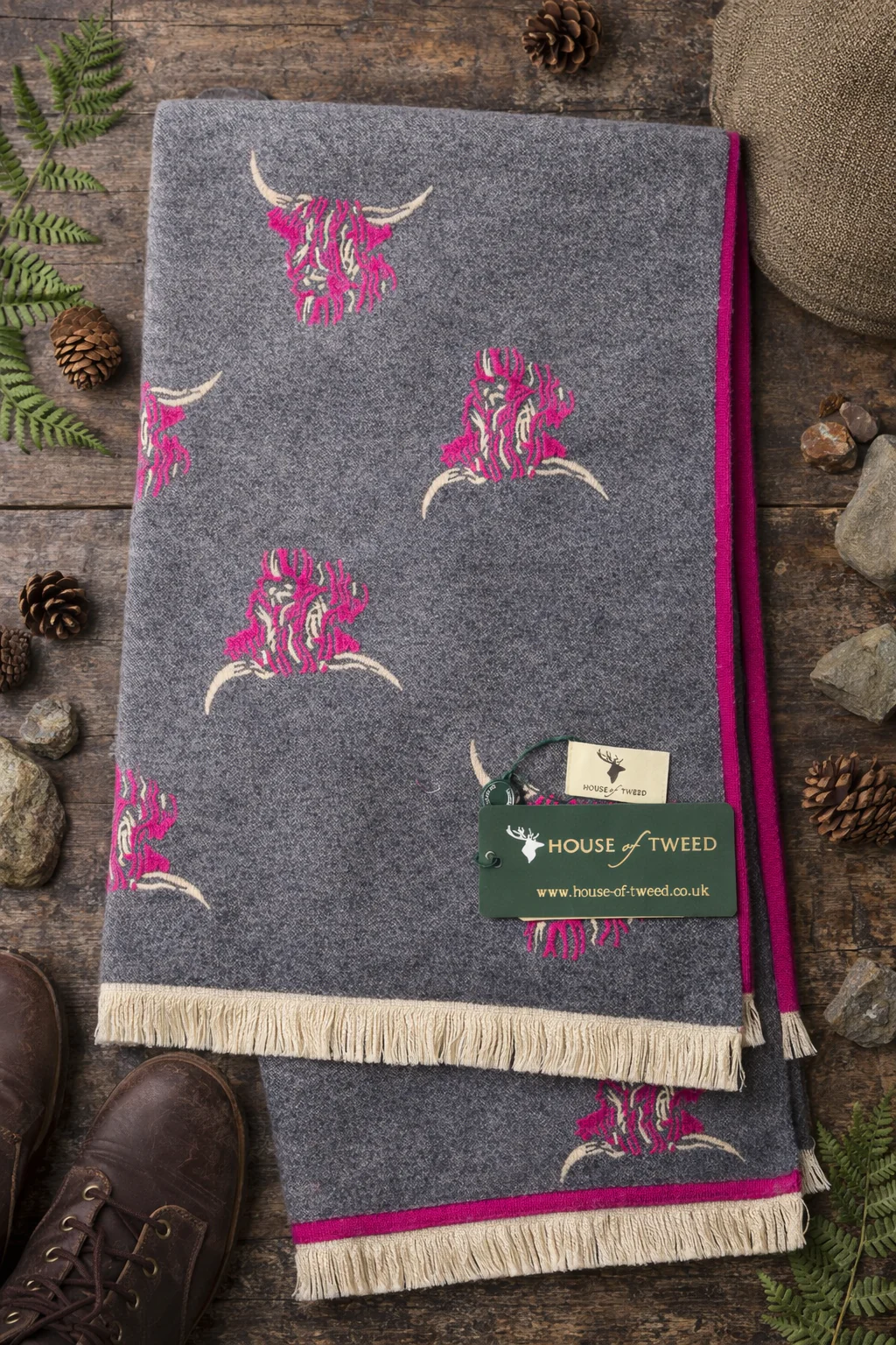 House of Tweed Reversible Highland Cow Print Scarf