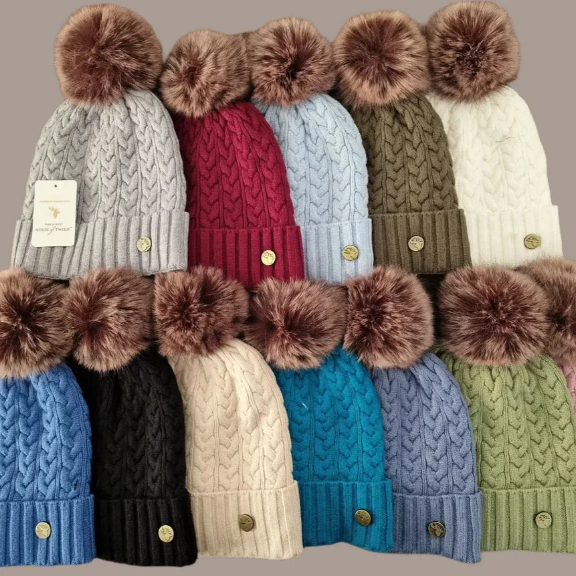 House of Tweed Luxury Plaited Ladies Bobble Pom Pom Beanie Hats