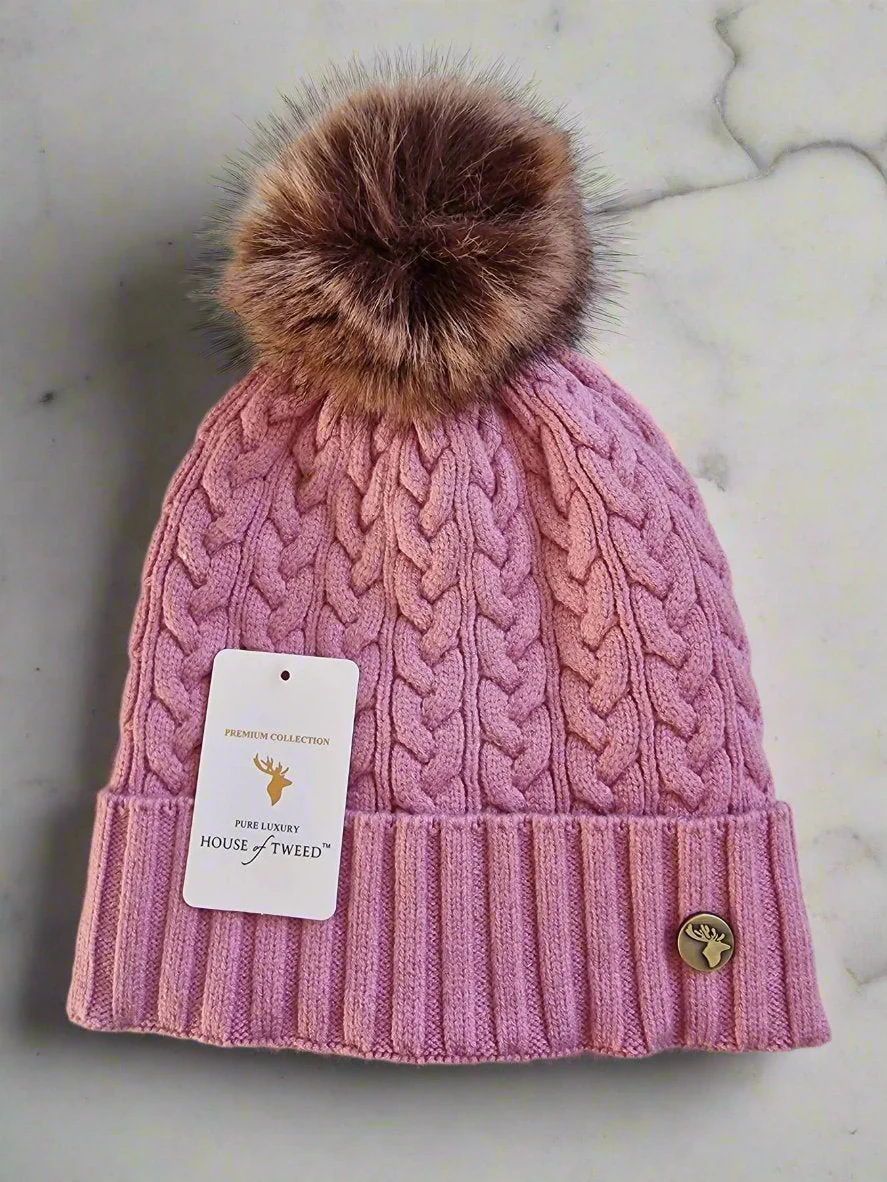 House of Tweed Luxury Plaited Ladies Bobble Pom Pom Beanie Hats - Image 2