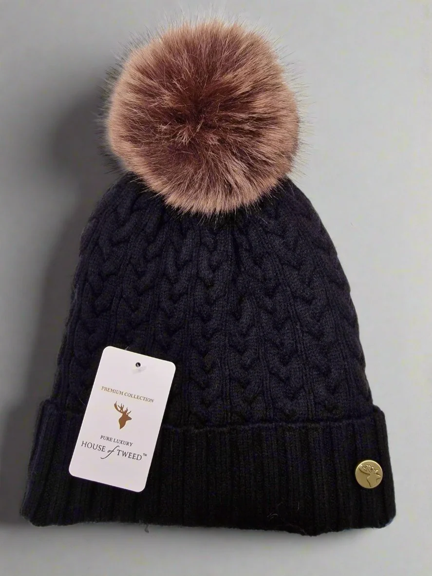 House of Tweed Luxury Plaited Ladies Bobble Pom Pom Beanie Hats - Image 5