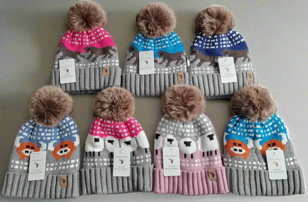 House Of Tweed Luxury Animal Print Pom Pom Beanies