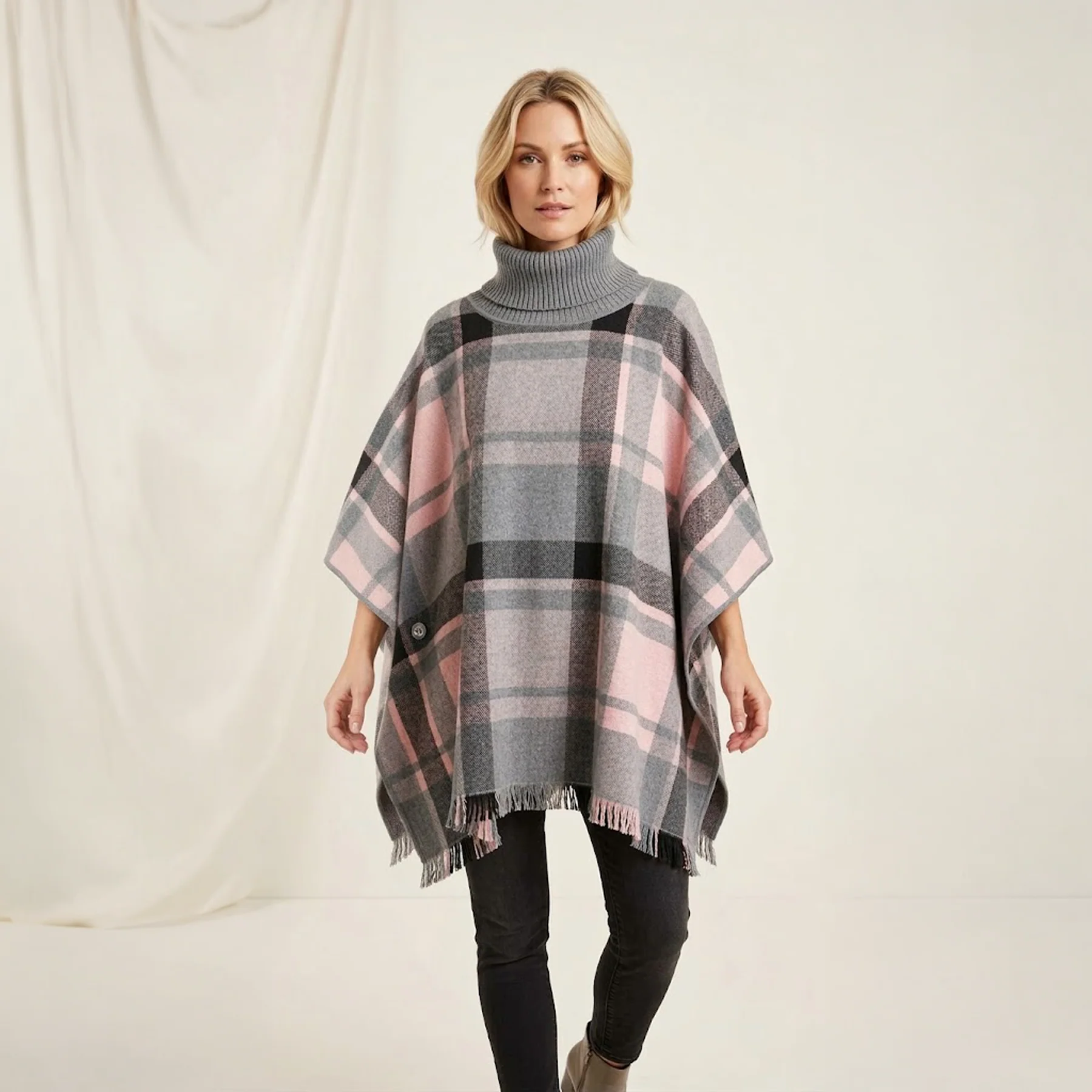 House of Tweed Roll Neck Check Poncho - Image 4