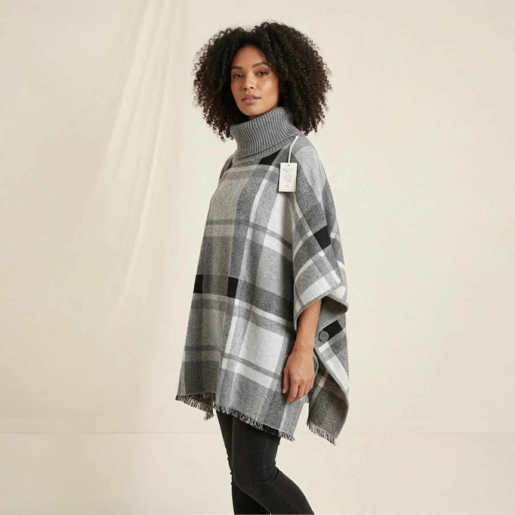 House of Tweed Roll Neck Check Poncho - Image 5