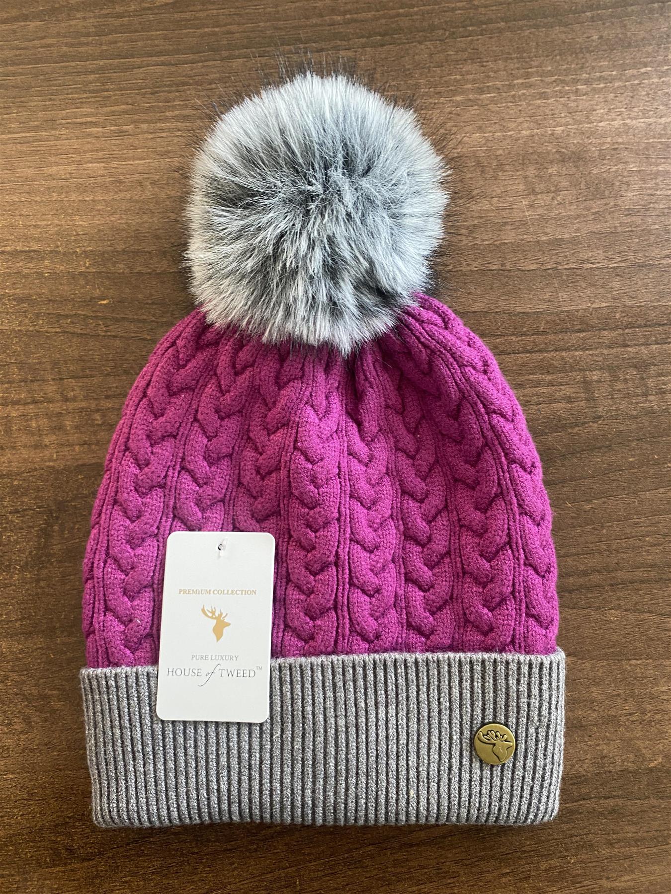 House of Tweed Womens Two Tone Cable Knit Bobble Hats - Image 4