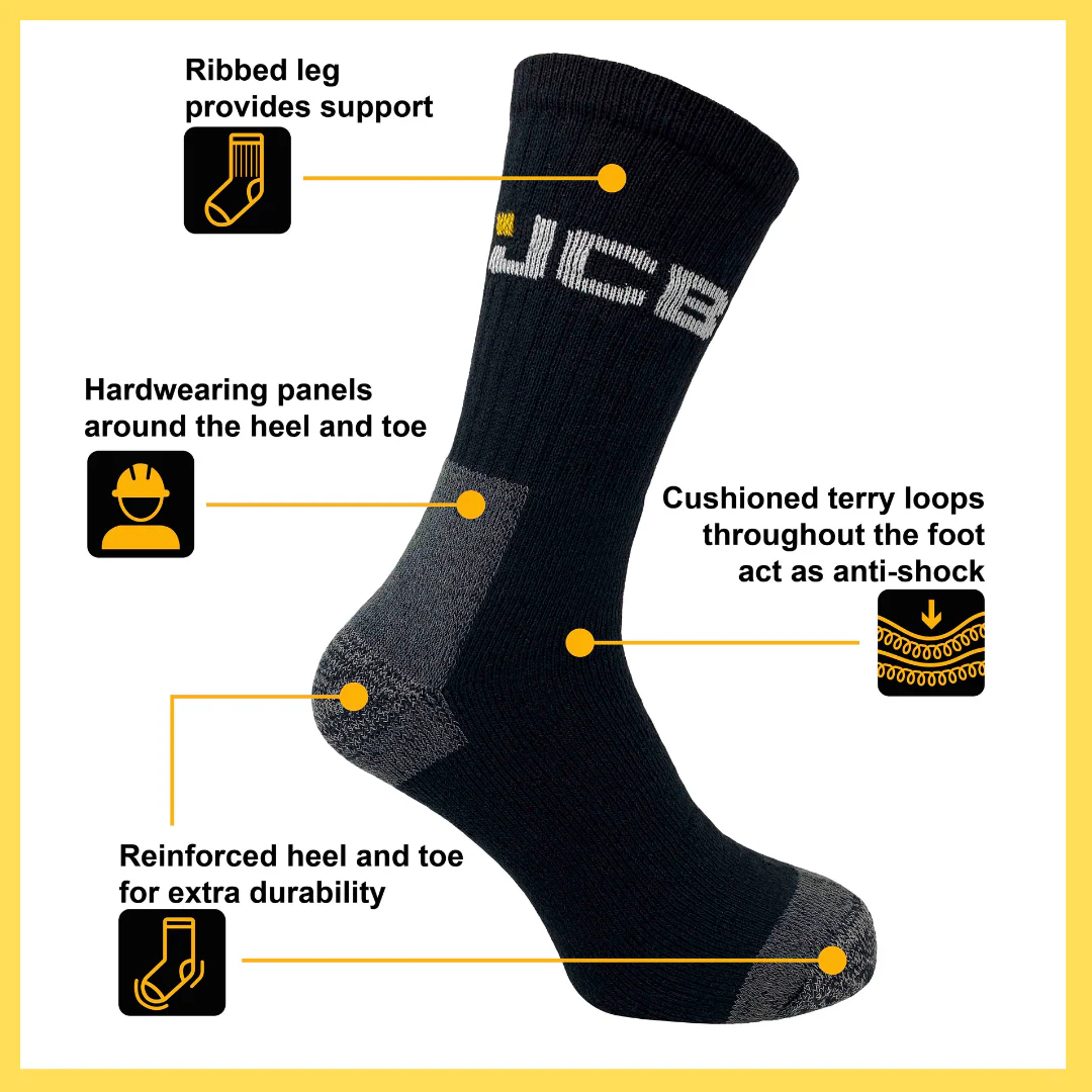 Men's Black Work Socks | JCB Workwear Range | 3 Pairs | U.K. Size 6-11 - Image 4