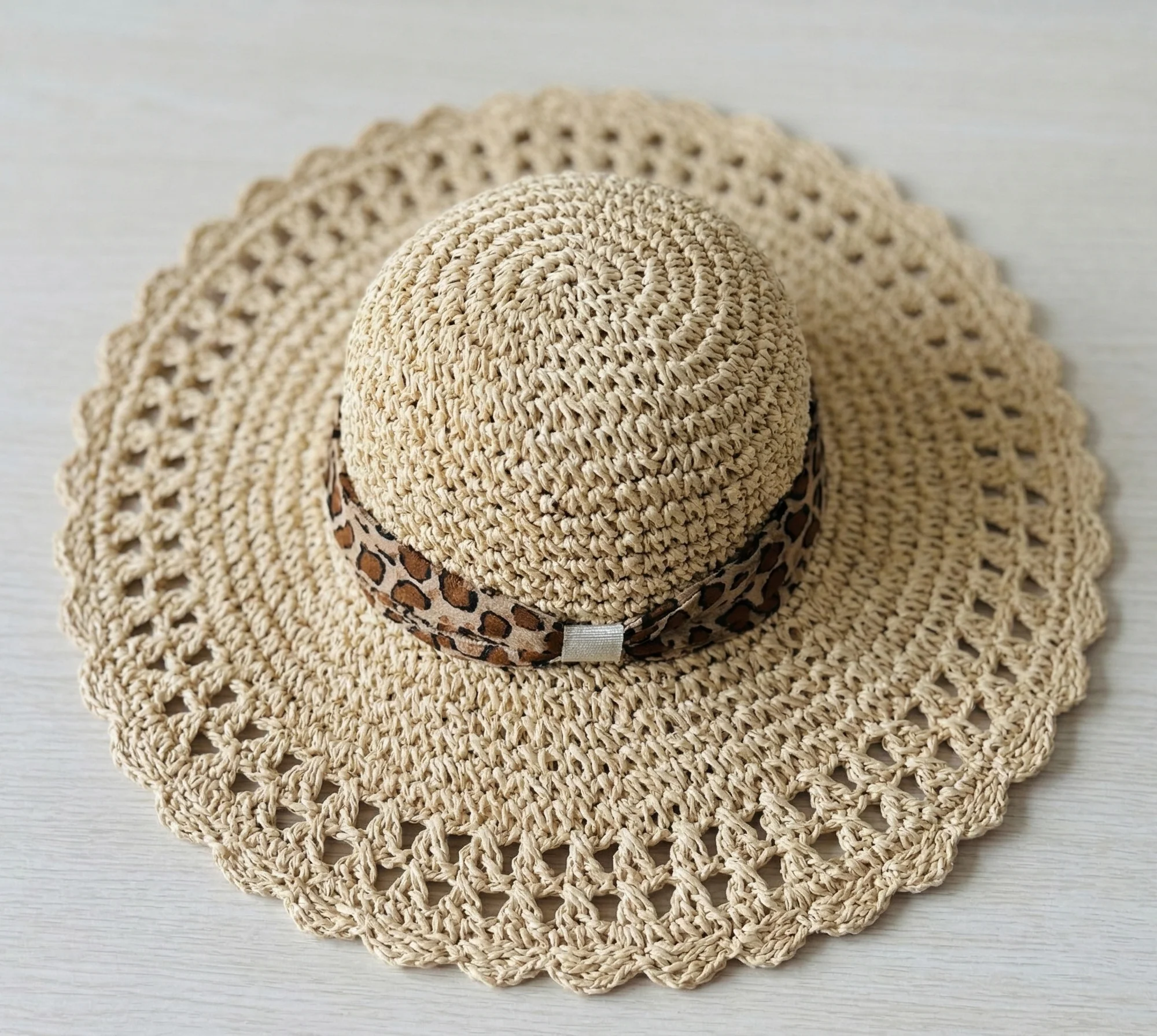 Women's Crushable Summer Sun Straw Beach Hat with Leopard Print Scarf - Image 2