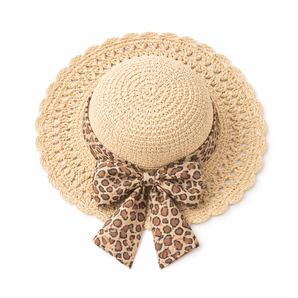 Women's Crushable Summer Sun Straw Beach Hat with Leopard Print Scarf - Image 4