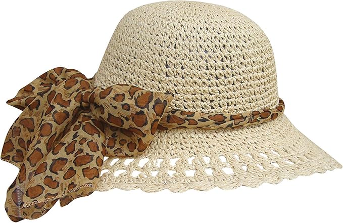 Women's Crushable Summer Sun Straw Beach Hat with Leopard Print Scarf - Image 5